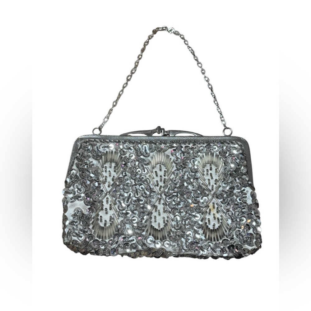 VTG Silver Beaded Sequined Evening Bag Chain Strap Made In Hong Kong READ Bridal